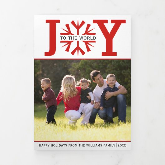 Plezier voor de wereld rode sneeuwvlok Kerstmis Drieluik Wenskaart (Cover)