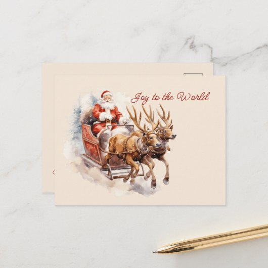 Plezier voor de wereld Santa Sleigh Rendier Rushin Briefkaart (Voorkant / Achterkant in situ)