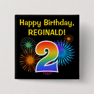 Plezier Vuurwerk + Regenboog Patroon "2" Verjaarda Vierkante Button 5,1 Cm