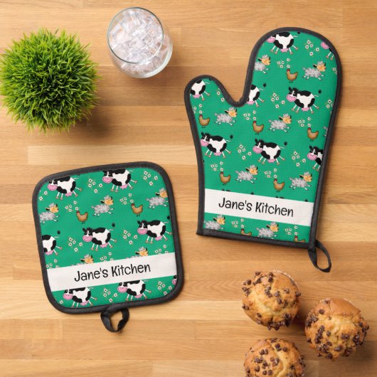 Plezierige boerderijdieren (naam) ovenwant & pannenlap set (Top down)