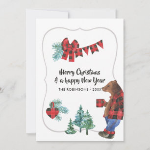 Plezierige Buffalo Plaid Houthakkers Beer Kerst Fo Feestdagenkaart