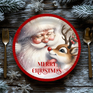 Plezierige Cartoon Kerstman Rudolph Eettafels Papieren Bordje