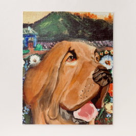 Plezierige donkerbruine honden gezicht met leuke a legpuzzel