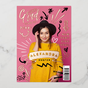 Plezierige Doodle Schets Tijdschrift Cover Meisje Folie Uitnodiging