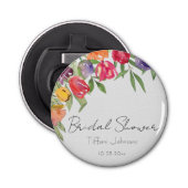 Plezierige en Fel Tulpen en Groene Bruidsdouche Button Flesopener (Voorkant)