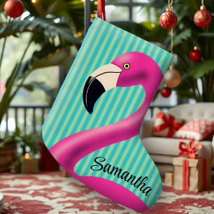Plezierige Flamingo Heet Roze Aqua Strepen Modern Grote Kerstsok