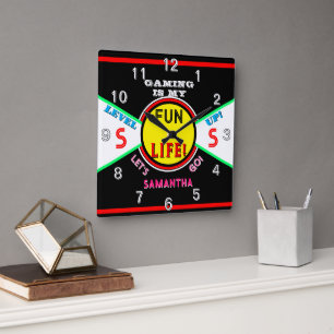 Plezierige Gaming Kinderen Naam Zwart Roze Groen Vierkante Klok