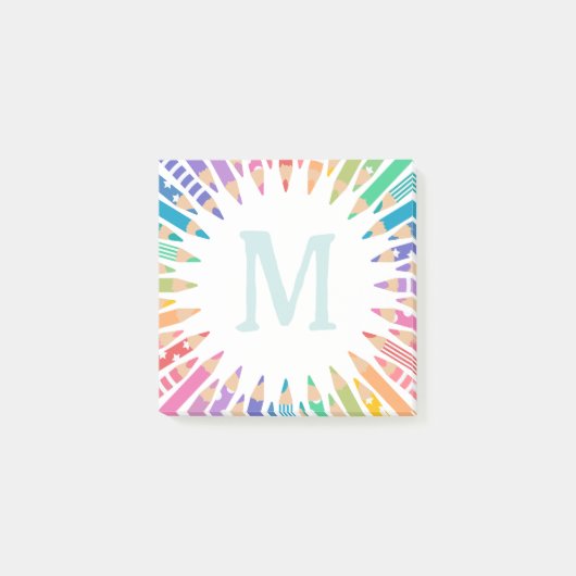 Plezierige gekleurde potloden bleke monogram post-it® notes (Voorkant)