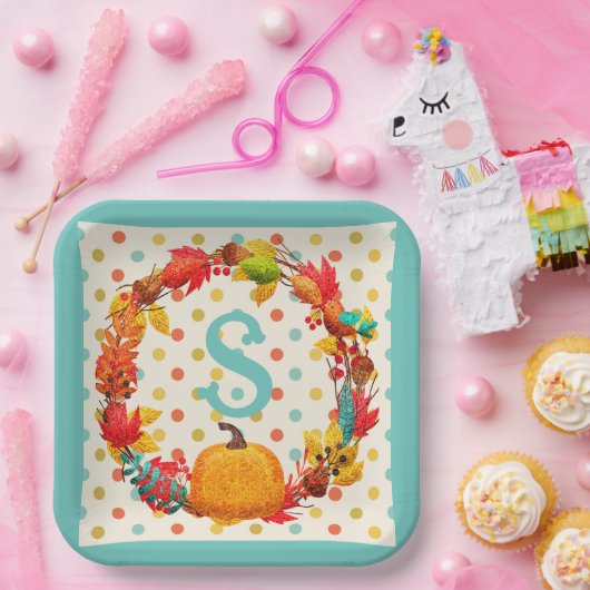 Plezierige herfst pompoen krans polka stippen turq papieren bordje (Feest)