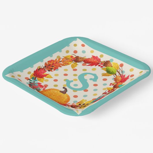 Plezierige herfst pompoen krans polka stippen turq papieren bordje (Gebogen)