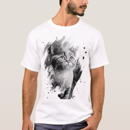 Plezierige Kat Zwart & Wit Waterverf T-shirt