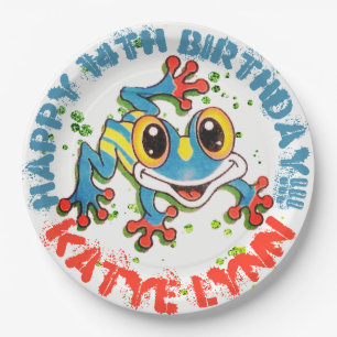 Plezierige kikker gepersonaliseerd feest kleurrijk papieren bordje