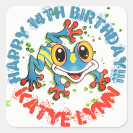 Plezierige kikker gepersonaliseerd feest kleurrijk vierkante sticker