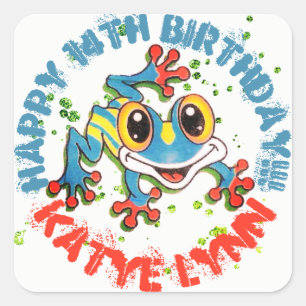Plezierige kikker gepersonaliseerd feest kleurrijk vierkante sticker