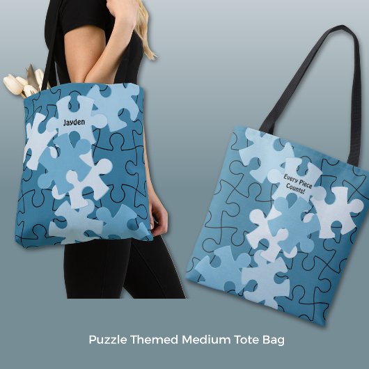 Plezierige legpuzzel aangepaste naam & motto blauw tote bag