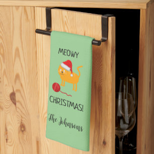 Plezierige Oranje Kat Meowy Kerst Keukenhanddoek