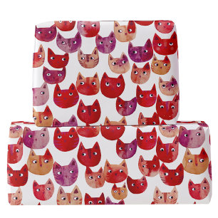 Plezierige waterverf kat kunst rood roze paars cadeaupapier