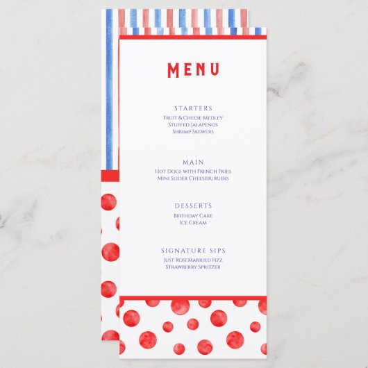 Plezierige Zomer Rood Blauw Evenementen Menu Plat  (Voorkant / Achterkant)