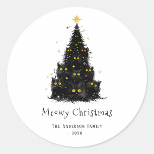 Plezierige Zwarte Kat Meowy Kerstboom Ronde Sticker
