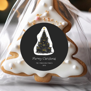 Plezierige Zwarte Kat Meowy Kerstboom Ronde Sticker