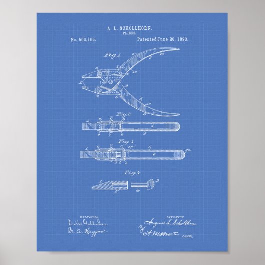 Pliers 1893 Patent Art Blueprint Poster (Voorkant)