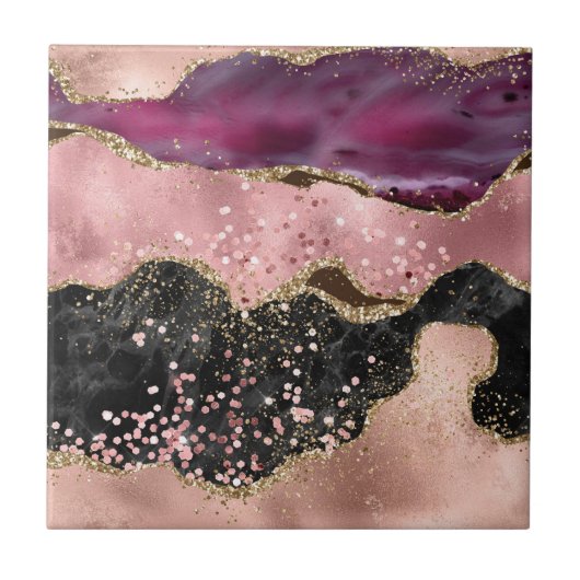 Plink Zwart Goud Glitter Gemarmerde Agaat Tegeltje (Voorkant)