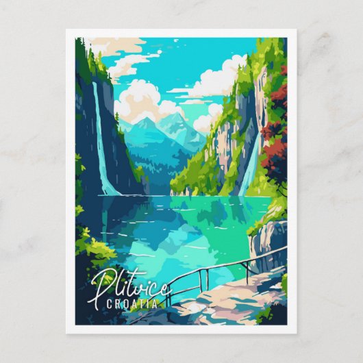 Plitvice Kroatië vintage reisillustratie Briefkaart (Voorkant)