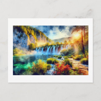 Plitvice-waterval bij zonsondergang,  briefkaart
