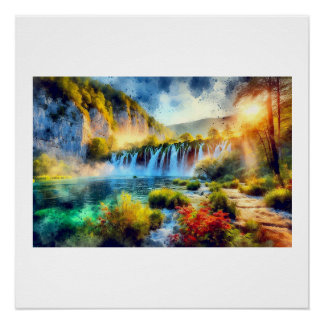 Plitvice-watervallen bij zonsondergang,  perfect poster