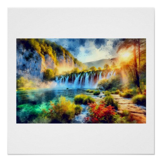 Plitvice-watervallen bij zonsondergang,  perfect poster (Voorkant)