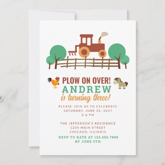 Ploeg over tractor verjaardagsfeestje kaart (Voorkant)
