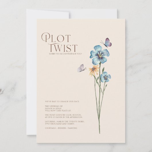 Plot Twist Blauwe Wildebloemen Bruiloft Wijzig de Save The Date (Voorkant)
