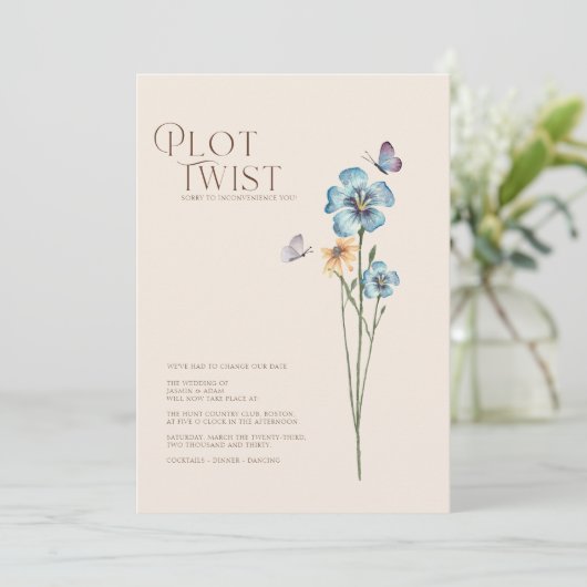 Plot Twist Blauwe Wildebloemen Bruiloft Wijzig de Save The Date (Staand voorkant)