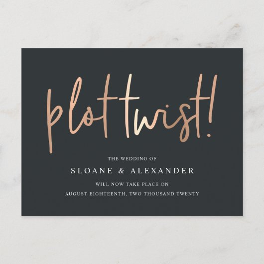 Plot Twist | Herschikking moderne koperen trouwdat Aankondigingskaart (Voorkant)