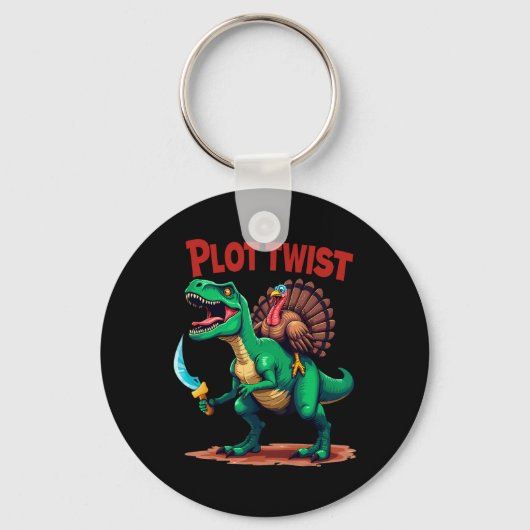 Plot Twist Kalkoen rijdt op Dinosaur T-rex Grappig Sleutelhanger (Voorkant)