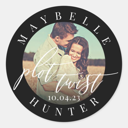 Plot Twist kalligrafie foto zwart Save the Date Ronde Sticker (Voorkant)