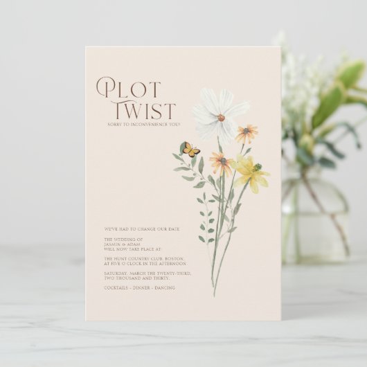 Plot Twist Whimsical Gele Wildebloemen Huwelijk  Save The Date (Staand voorkant)