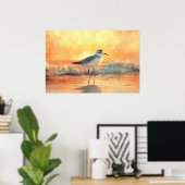 Plover Standing in Ocean Waves During Sunset Poster (Thuiskantoor)