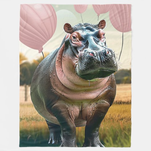 Pluche deken met grillige nijlpaard & roze ballonn (Voorkant)