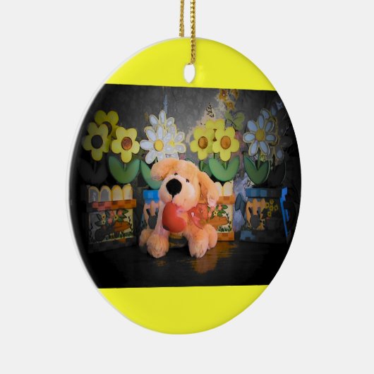 Pluche Hond / kat en bloemen Keramisch Ornament (Rechts)
