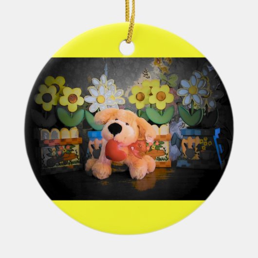 Pluche Hond / kat en bloemen Keramisch Ornament (Voorkant)
