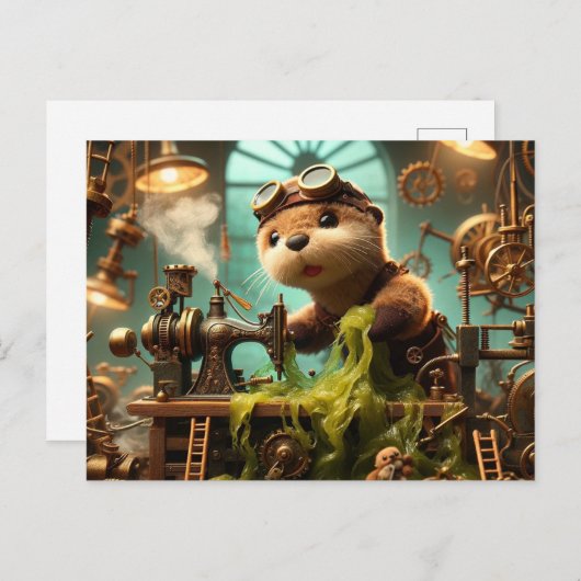 Pluche Steampunk Otter Zeewier Verstopte Machine Briefkaart (Voorkant / Achterkant)