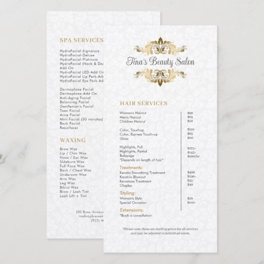 Pluche White Damask Gold Lijst prijslijst (Voorkant / Achterkant)