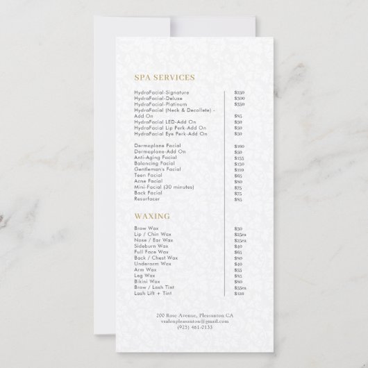 Pluche White Damask Gold Lijst prijslijst (Achterkant)