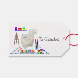 Pluche Witte Kat Kunstenaar Cadeautag Cadeaulabel
