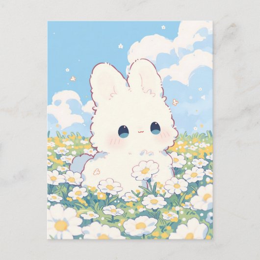 Pluche Witte Konijn Daisy Weide Illustratie Briefkaart (Voorkant)
