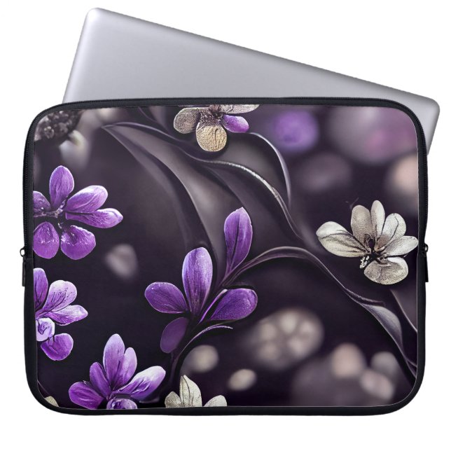 PLUIMTE MET DELICATE PURPLE FLOWERS LAPTOP SLEEVE (Voorkant)