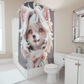 pluizig roze en witte puppy douchegordijn (In situ)