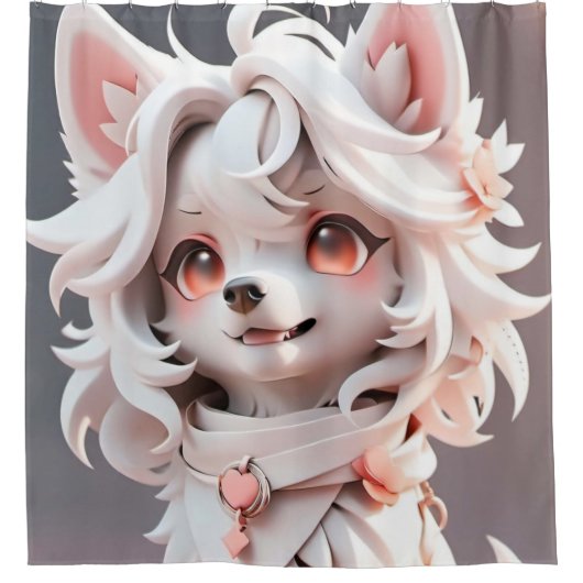 pluizig roze en witte puppy douchegordijn (Voorkant)