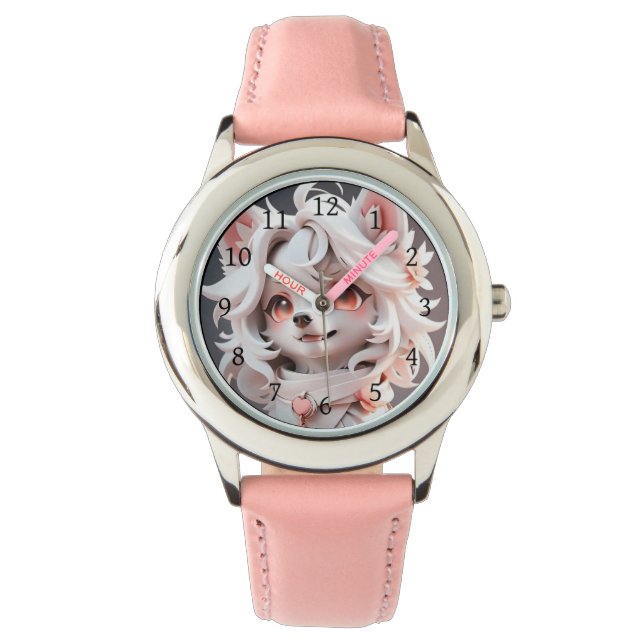 pluizig roze en witte puppy horloge (Voorkant)